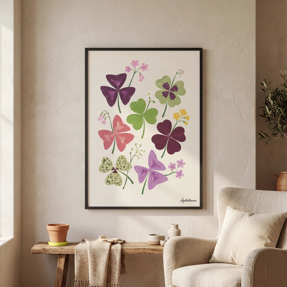 Lámina de Tréboles de Oxalis enmarcada, decoración botánica para la pared